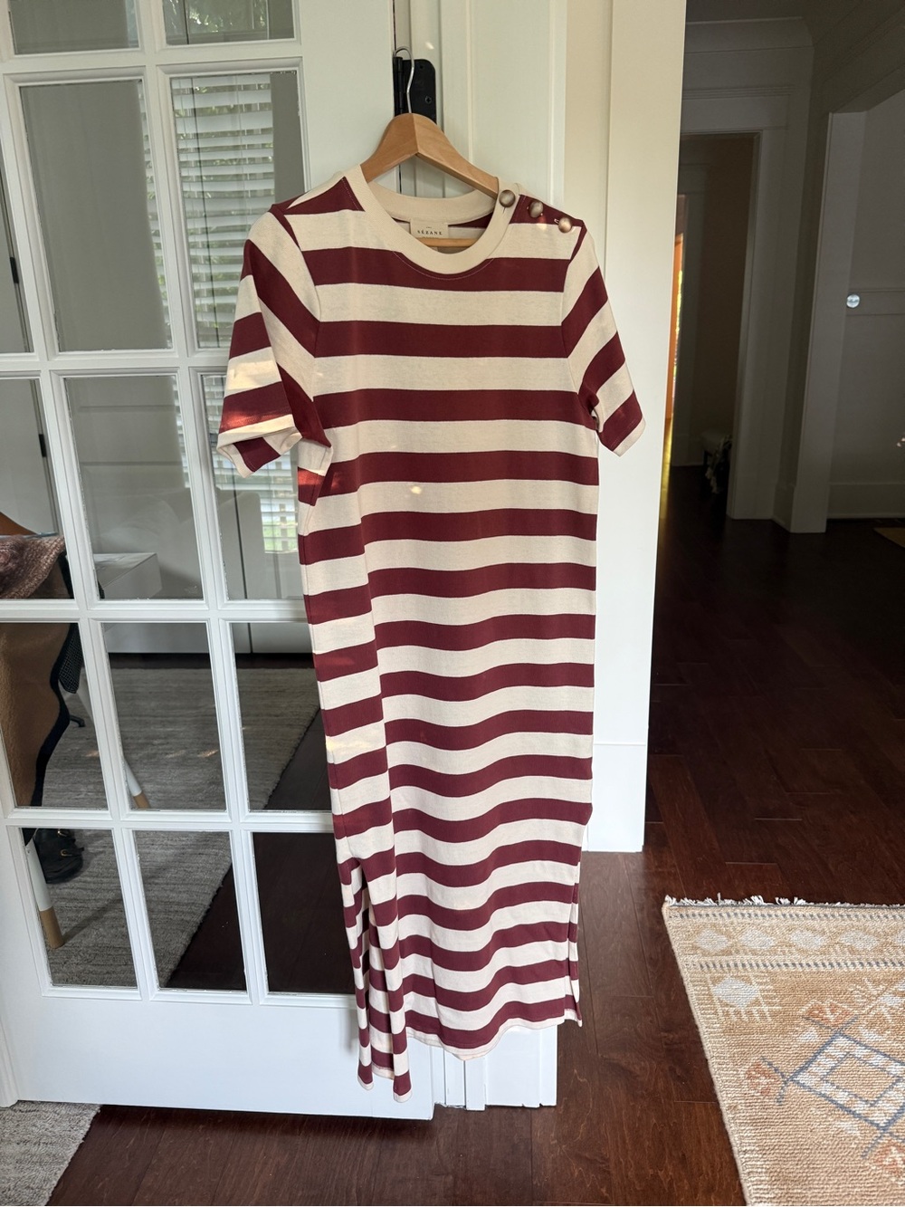 Sézane Emy Midi Dress Burgundy Cream Striped Organic Cotton Size L